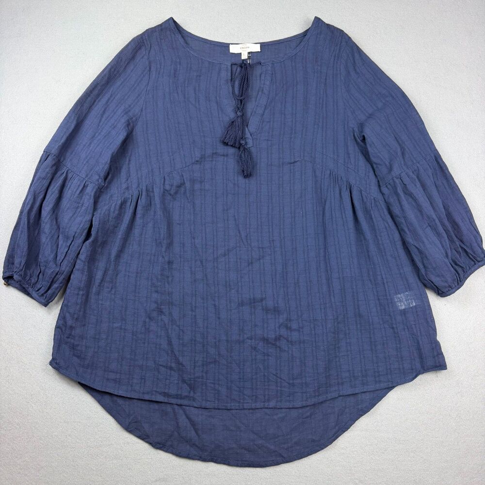Entro Boho Tunic Top Cotton Peasant Blouse Navy Blue  Tassel Tie  Womens Large